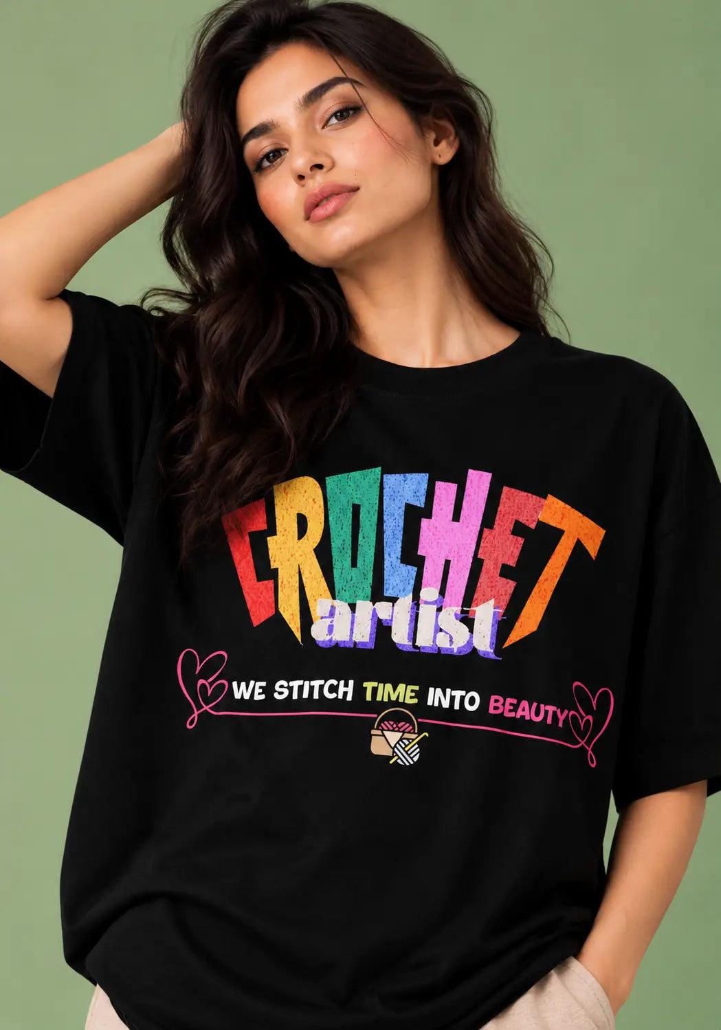 Crochet Artist stitching time into beauty Black Oversized tshirt
