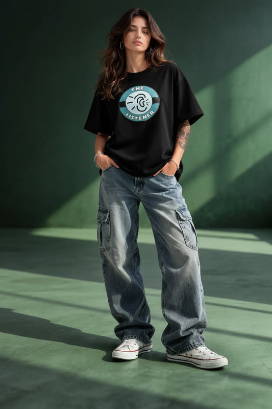 The Listener oversized black Couple T-Shirt for her