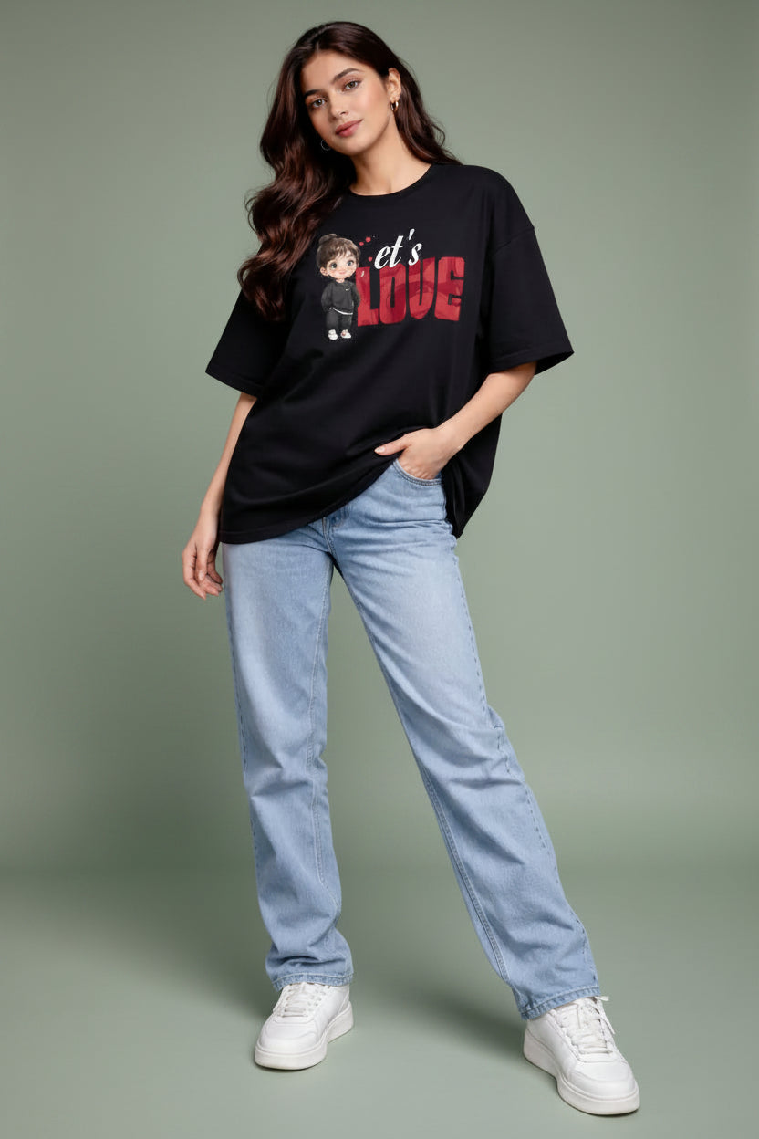 Let's love oversized black Couple T-Shirt for her