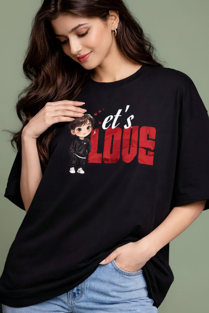Let's love oversized black Couple T-Shirt for her
