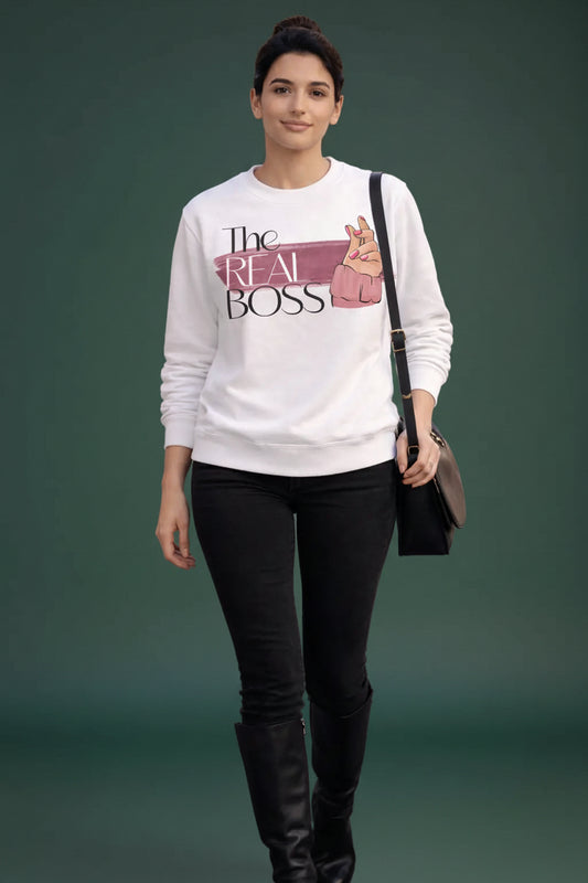 The Real Boss White Sweatshirt - Funny Couple Matching Sweatshirt for Her