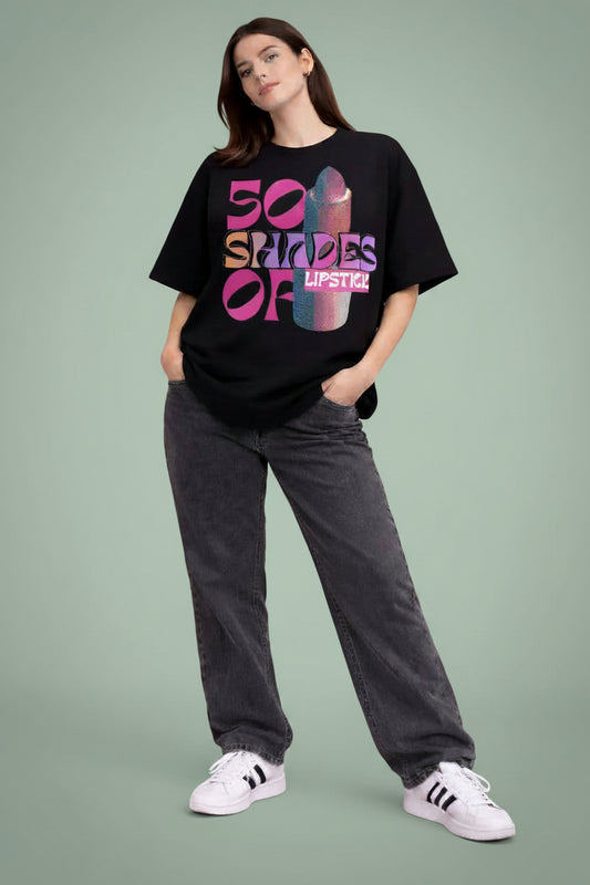 50 Shades of Lipstick Black Oversized T-Shirt – Stylish Makeup Graphic Tee