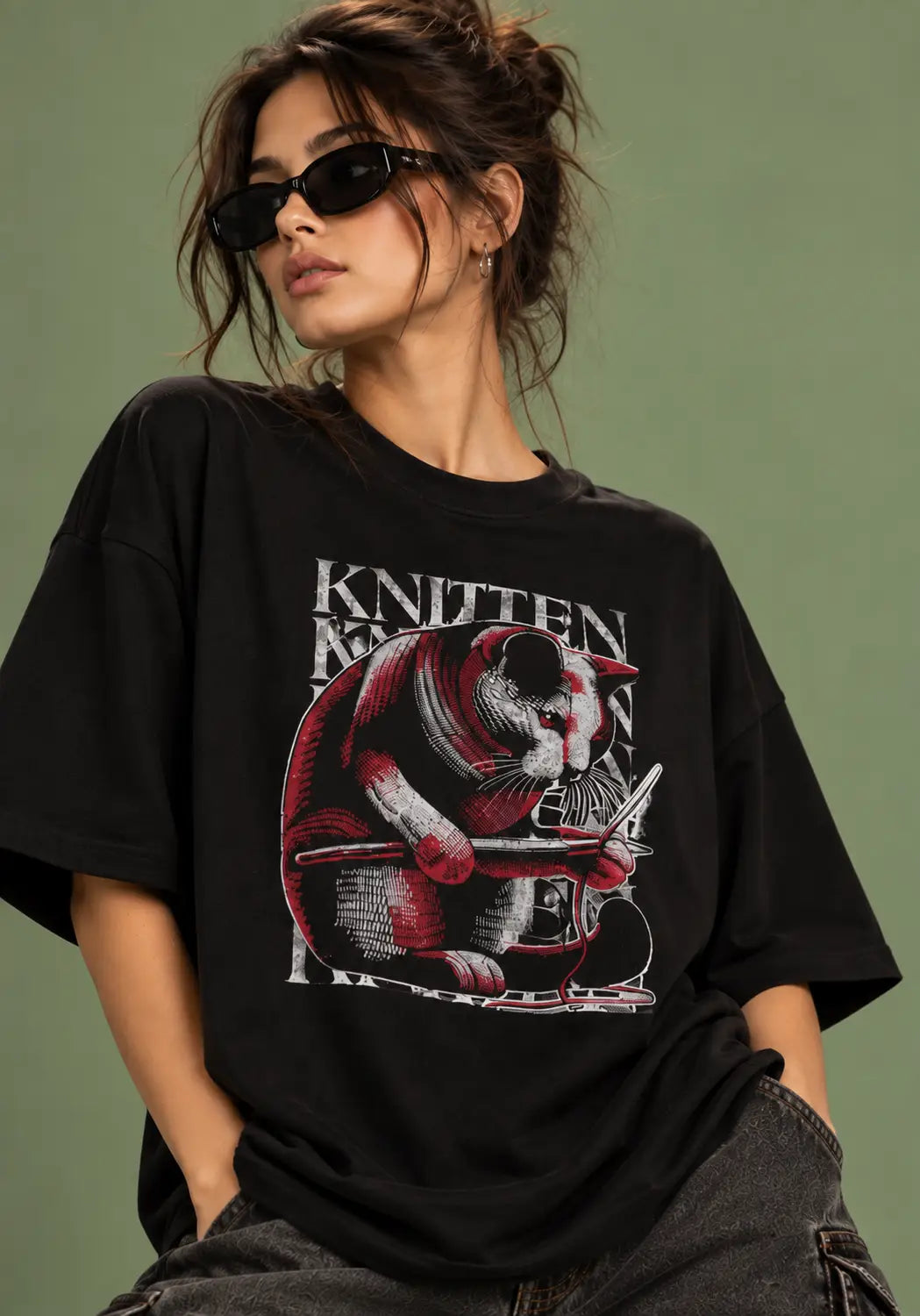 KNITTEN Cat Graphic Oversized Tee
