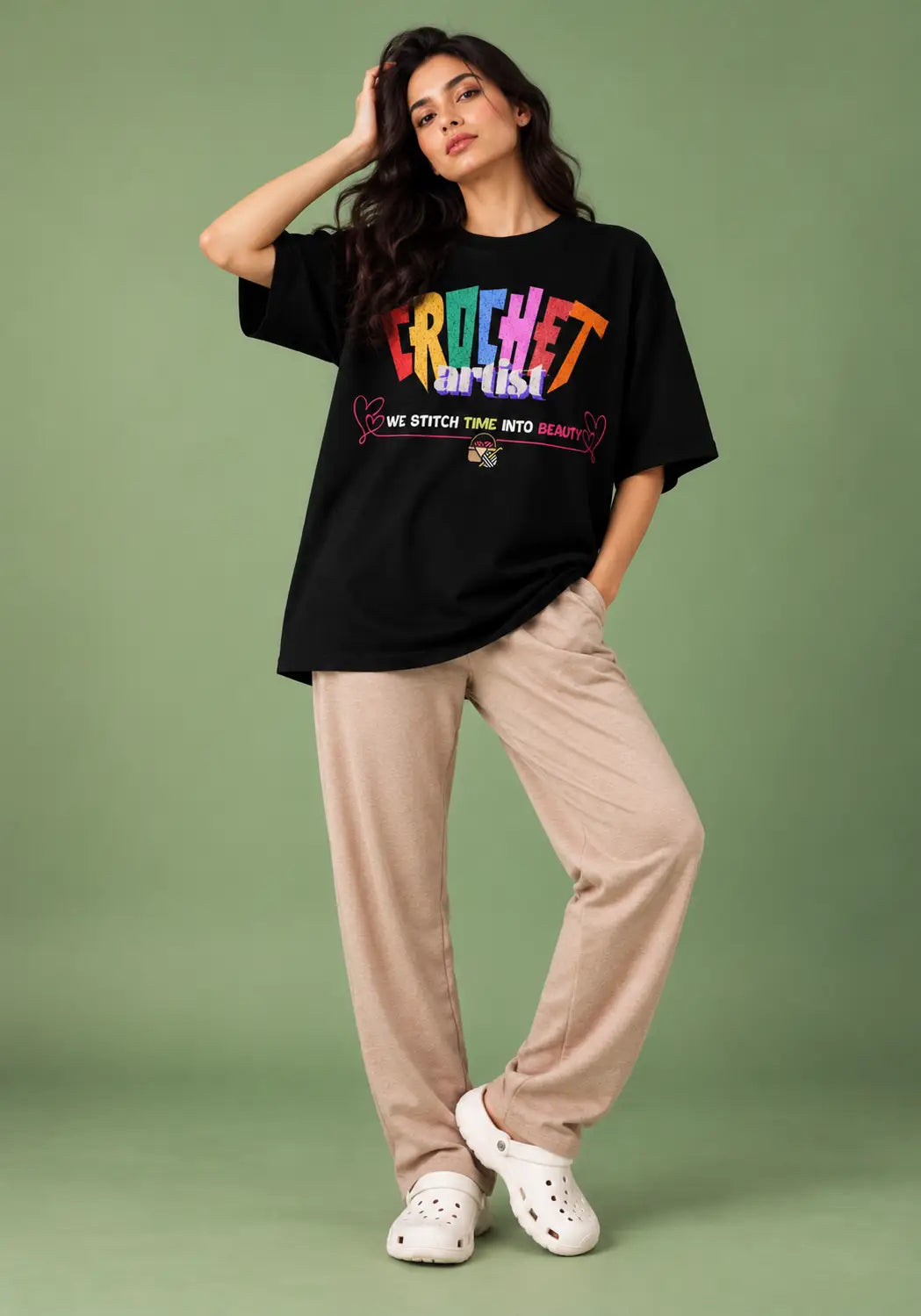 Crochet Artist stitching time into beauty Black Oversized tshirt