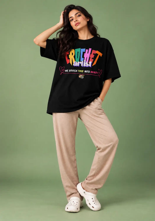 Crochet Artist stitching time into beauty Black Oversized tshirt