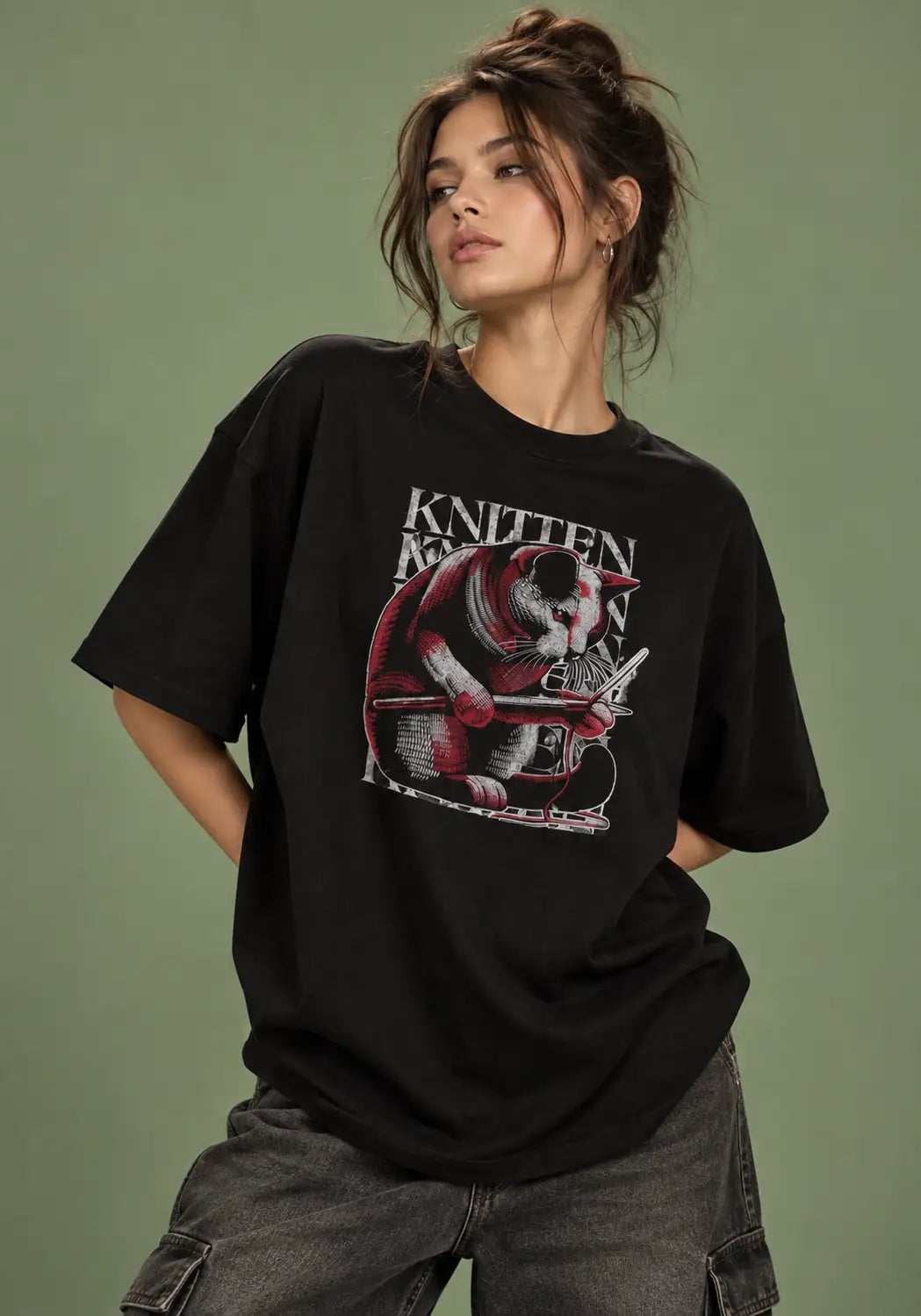 KNITTEN Cat Graphic Oversized Tee