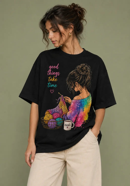 Good Things Take Time Crochet Oversized T-Shirt